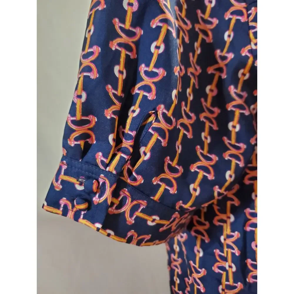 Lilly Pulitzer Lil Bit Equestrian Print Silk Ruffle Blouse Sz 14 Blue Pink Horse